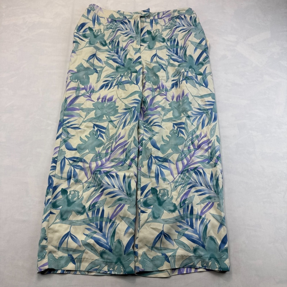 August Silk Pants Womens Large Blue Green Tropical Floral Relaxed Fit Wide Leg